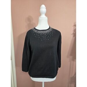 Cathy Daniels Womens Black Cotton Rhinestone Crew Neck 3/4 Sleeve Sweater Medium